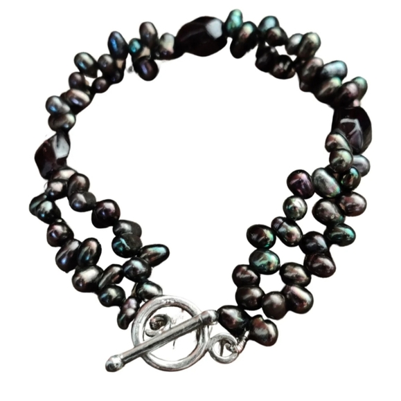 Y2K Genuine Peacock Sea Pearls Bracelet w/Garnet and Sterling Silver - Picture 2 of 12